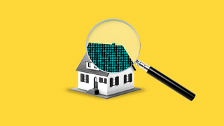 Illustration of a house being examined with a magnifying glass revealing a binary code.